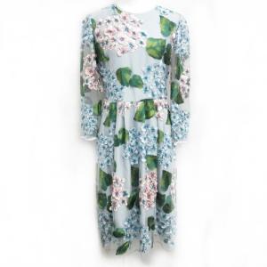 ワンピース ドレス ロング丈 七分袖 フラワー柄 花柄 総柄 シアー素材 チュール ブルー 0