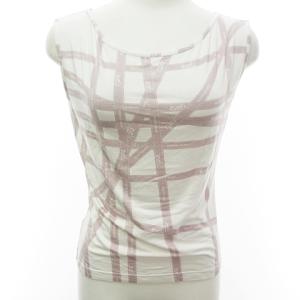 カットソー Tシャツ ノースリーブ レーヨン 総柄 ロゴ ストレッチ ショート丈