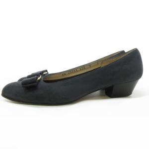 Salvatore Ferragamo ヴァラリボン パンプス ヒール シューズ ゴールド金具 イタリア製 ネイビー 紺 7C 約24?p 0812