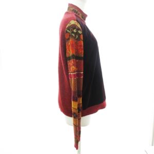 KENZO ヴィンテージ ニット セーター 長袖 ウール混 ハイネック 総柄 ベロア切替 レッド