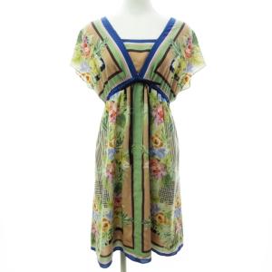 ワンピース ドレス 半袖 ひざ丈 フラワー柄 花柄 総柄 リボン マルチカラー 36 約S相当 IBO26 0826