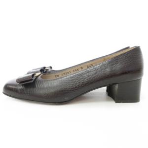 Salvatore Ferragamo ヴァラリボン パンプス クロコ型押し レザー シューズ ゴールド金具 ブラウン 6.5B