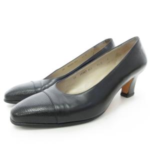 パンプス レザー ヒール シューズ 先端切替 ブラック 6.5