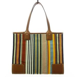 TORY BURCH トートバッグ ハンドバッグ キャンバス レザー マルチストライプ柄 ロゴ マルチカラー