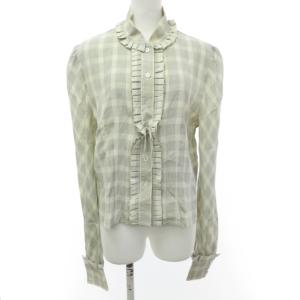 ヴィンテージ シャツ ブラウス 長袖 チェック柄 フリル スタンドカラー アイボリー系×グレー 44 約L相当 RRR 0913