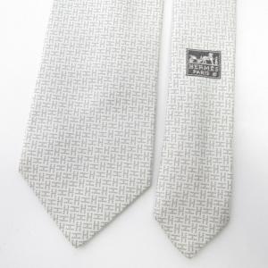 HERMES H柄 ジャガード ネクタイ ビジネス 総柄 フランス製 シルク ホワイト グレー 1024 IBO27