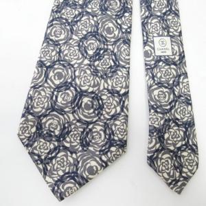 CHANEL ネクタイ ココマーク カメリア 花柄 シルク ホワイト ネイビー
