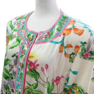 LEONARD FASHION 金ボタン ノーカラージャケット 花柄 総柄 シャツ 長袖 白 マルチカラー M 1009 IBO27