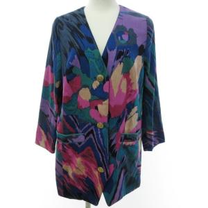 FASHION 美品 ヴィンテージ デニム シルク ノーカラー ジャケット 金ボタン 総柄 マルチカラー 13AR 約L 1007