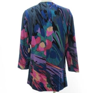 LEONARD FASHION 美品 ヴィンテージ デニム シルク ノーカラー ジャケット 金ボタン 総柄 マルチカラー 13AR 約L 1007