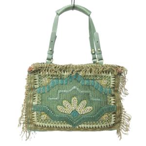 JAMIN PUECH トートバッグ ショルダーバッグ レザー×ビーズ 刺繍 フリンジ 切替 レザー グリーン