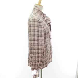 GIVENCHY ヴィンテージ シルク ブラウス シャツ 長袖 チェック柄 ネックリボン バンドカラー ピンク