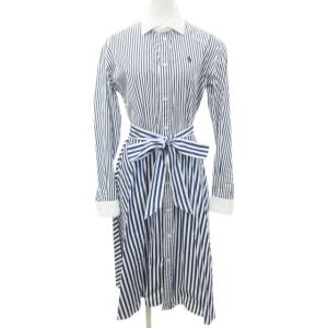近年モデル ロングシャツワンピース ストライプ リボン ベルト 長袖 ホワイト ブルー 0 S RRR 1029