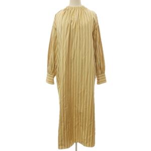 近年モデル コットンストライプ ネックギャザーワンピース ロング プルオーバー ブラウン ホワイト