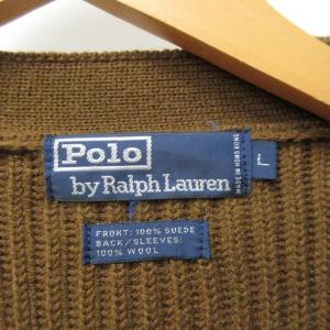 POLO RALPH LAUREN ヴィンテージ ラムレザー切替 ウール カーディガン リブニット ジャケット くるみボタン 長袖 ブラウン 茶 L 1209
