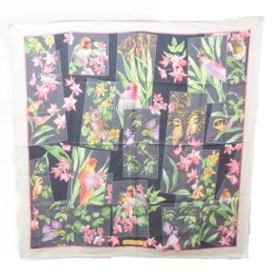 スカーフ シルク 花柄 鳥 プリント ベージュ 系 1126