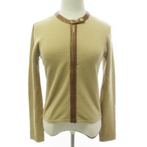 BLACK LABEL 最高級 カシミヤ カーディガン ニット セーター 長袖 レザー切替 羊革 ベージュ系 M RRR 1210