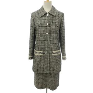 FASHION セットアップ スカートスーツ 上下 シルク ウール混 格子柄 切替 総柄 プリント 白 黒 ホワイト ブラック