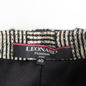 LEONARD FASHION セットアップ スカートスーツ 上下 シルク ウール混 格子柄 切替 総柄 プリント 白 黒 ホワイト ブラック
