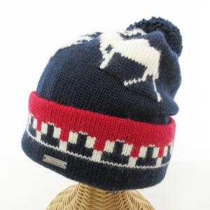 DSQUARED2 ニット帽 ビーニー 帽子 ネイティブ柄 総柄 ロゴプレート ボンボン付き アルパカ混 ネイビー×ホワイト×レッド 紺×白×赤