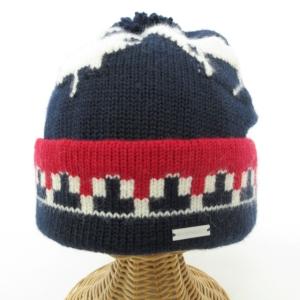 DSQUARED2 ニット帽 ビーニー 帽子 ネイティブ柄 総柄 ロゴプレート ボンボン付き アルパカ混 ネイビー×ホワイト×レッド 紺×白×赤