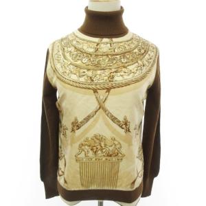 ヴィンテージ ニット カットソー セーター 長袖 ハイネック シルク×ウール 総柄切替 ブラウン×ベージュ系 38 約M相当