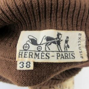 HERMES ヴィンテージ ニット カットソー セーター 長袖 ハイネック シルク×ウール 総柄切替 ブラウン×ベージュ系 38 約M相当