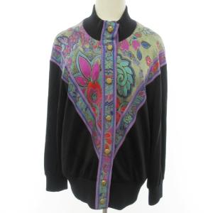 FASHION ヴィンテージ カーディガン ニット セーター スタンドカラー 総柄切替 ウール ブラック系 黒 9R 約M相当