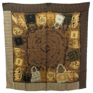 大判 スカーフ ストール シルク イタリア製 バッグ柄 ブラウン系 ブラック 0108 レディース AA