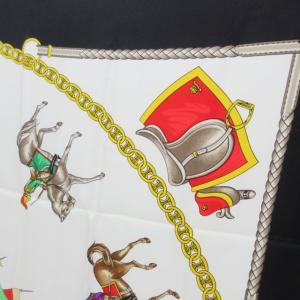 CELINE スカーフ マカダム柄 騎手 馬柄 イタリア製 白 ネイビー マルチカラー 0107