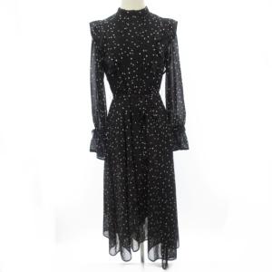 近年モデル ベルテッドワンピース ドレス ロング丈 スター柄 星柄 総柄 フリル フレアスリーブ ブラック 黒 0105