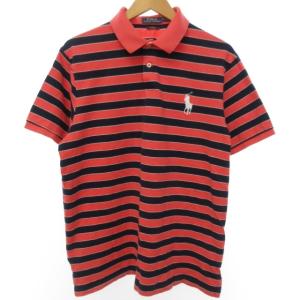 美品 ポロシャツ Tシャツ カットソー 半袖 ボーダー柄 ワンポイント ポニーロゴ 刺繍 レッド×ネイビー 赤×紺 XL IBO33