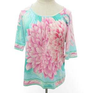 FASHION カットソー Tシャツ 半袖 フラワー柄 花柄 総柄 コットンストレッチ ブルー系×ピンク系 LL IBO33