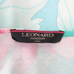 LEONARD FASHION カットソー Tシャツ 半袖 フラワー柄 花柄 総柄 コットンストレッチ ブルー系×ピンク系 LL IBO33