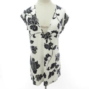 SOLEIL チュニック カットソー ノースリーブ フラワー柄 花柄 総柄 装飾 ストレッチ ホワイト×ブラック 白×黒 S