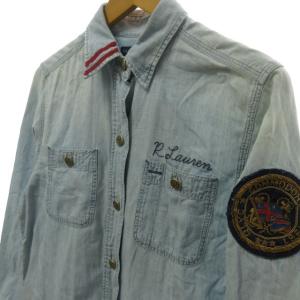 RALPH LAUREN ヴィンテージ加工 メタルボタン ロングシャツ カットソー ワッペン 長袖 ライトインディゴ 7 約S 0216 ECR17