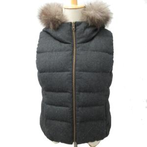 近年モデル リバーシブル ダウンベスト ウール チェック フォックスファー フード 灰 グレー 系 38 約M ECR17