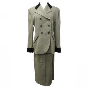 ヴィンテージ スカートスーツ セットアップ ジャケット ヘリンボーン柄 黒 ブラック ベージュ 44 約L 0130 ECR17