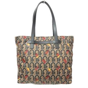 FURLA 美品 近年モデル デジット L トートバッグ ショルダーバッグ ロゴ柄 総柄 ハチドリ 鳥 プリント ナイロン 茶 ブラウン
