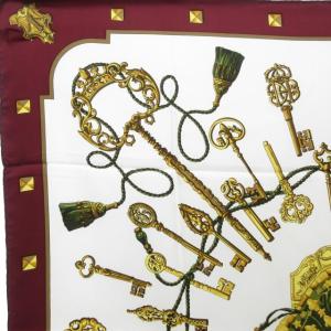 HERMES カレ90 LES CLES THE KEYS RARE シルクスカーフ ストール ショール 鍵柄 総柄 ホワイト×ボルドー