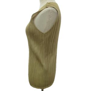 ISSEY MIYAKE 美品 プリーツ ノースリーブ カットソー シャツ ブラウス ベージュ L 0228