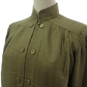 GIVENCHY ヴィンテージ ウール シルク混 ブラウス シャツ ヘリンボーン柄 長袖 カットソー カーキ 8 約M 0303
