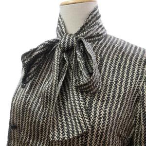 GIVENCHY ヴィンテージ 総シルク リボン ブラウス シャツ カットソー 総柄 黒 ブラック ベージュ 8 約M 0303