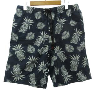 イージー ハーフパンツ 総柄 ショートパンツ ゴムウエスト パイナップル柄 ネイビー 白 XL 0228
