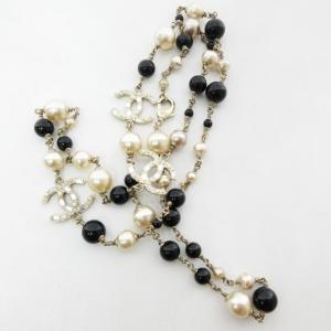 CHANEL フェイクパール×ココマーク ネックレス 2連 コンビネーション ストーン装飾 2WAY 黒×白