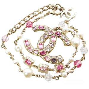 カラーストーン×フェイクパール ネックレス ココマーク ジュエリーストーン ゴールドカラー系