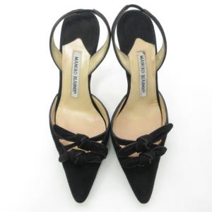 MANOLO BLAHNIK サンダル ミュール スエード レザー リボン ストラップ シューズ 黒 ブラック 36.5 約23.5?p 0312