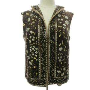 美品 ベロアベスト カットソー 花柄 総柄 茶 ブラウン 系 8 約L 0313