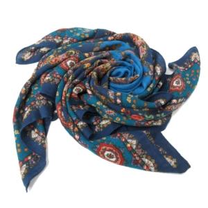 美品 ヴィンテージ 大判スカーフ 花柄 ロゴ カネボウ 青 ブルー 系 0429