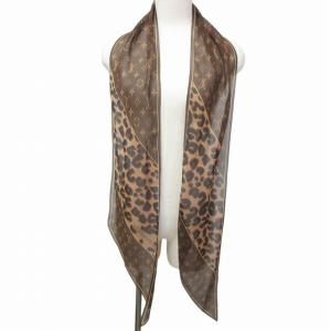 モノグラム 総柄ストール スカーフ シアー素材 ロングタイプ ヒョウ柄切替 茶 NGA35